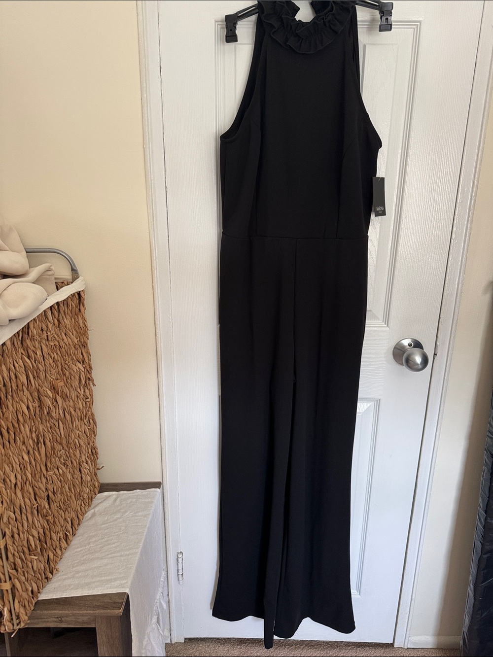 MARINA Black Ruffle-Neck Wide-Leg Jumpsuit